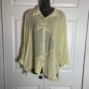 Chicos Shirt Womens 3/XL Yellow Patchwork Asymmetric Hem‎  Roll Tab Sleeve Sheer